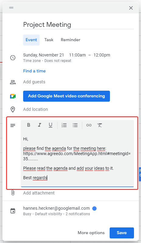 Add AgreeDo invitation to Google Calendar Event