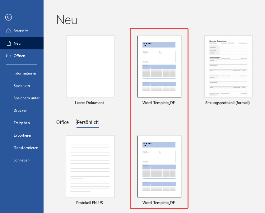 Vorlagen für Besprechungsprotokolle in Word auswählen